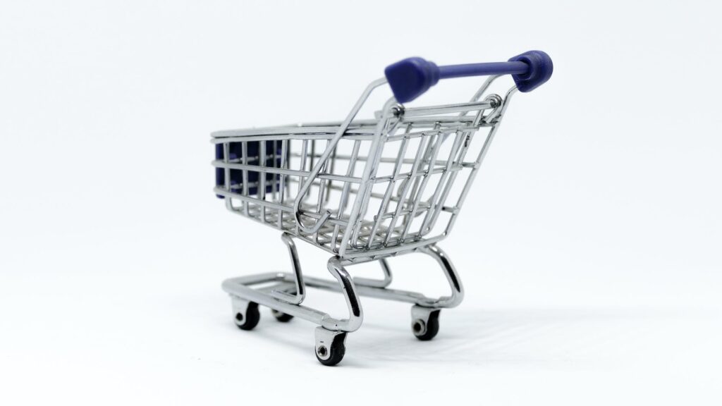 gray and blue stainless steel shopping cart